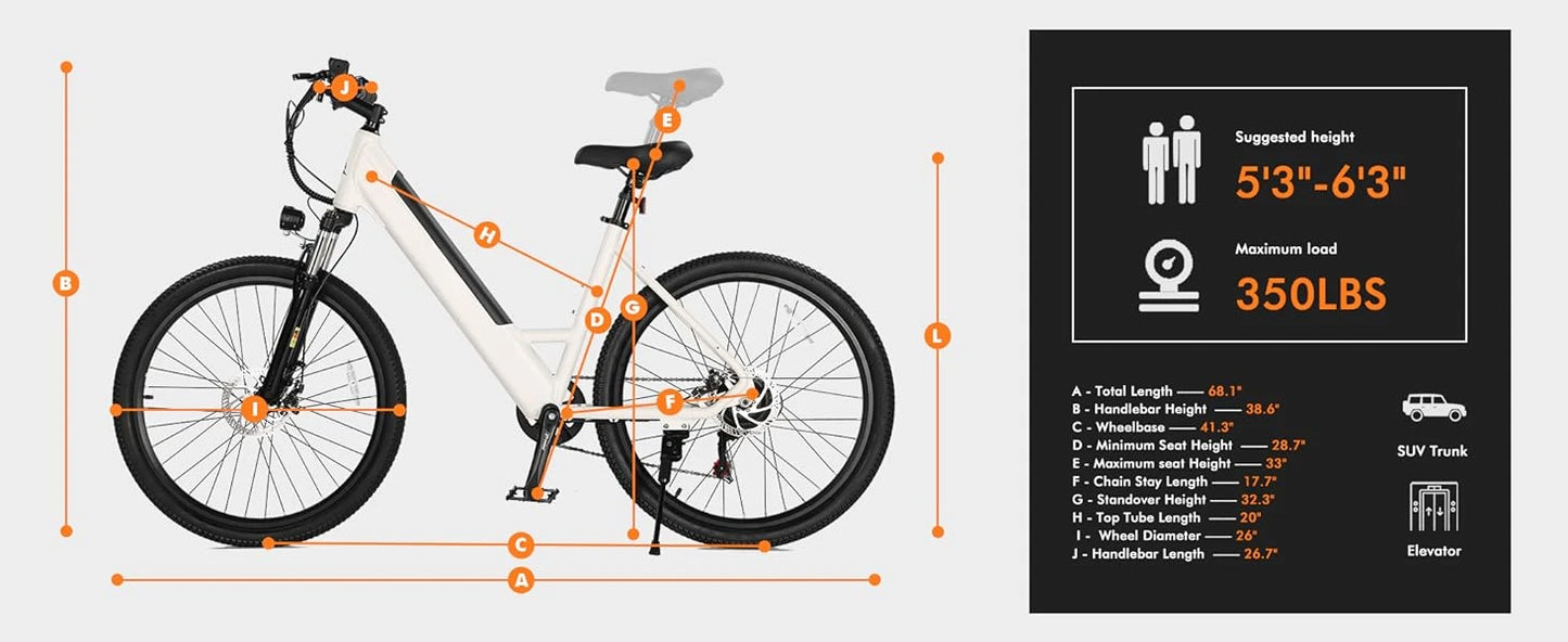 Electric Bike for Adults 26" Step-Through Ebike with 2.1" Tire,Peak 750W Motor Ebikes with 7 Speed Commuter E Bicycle