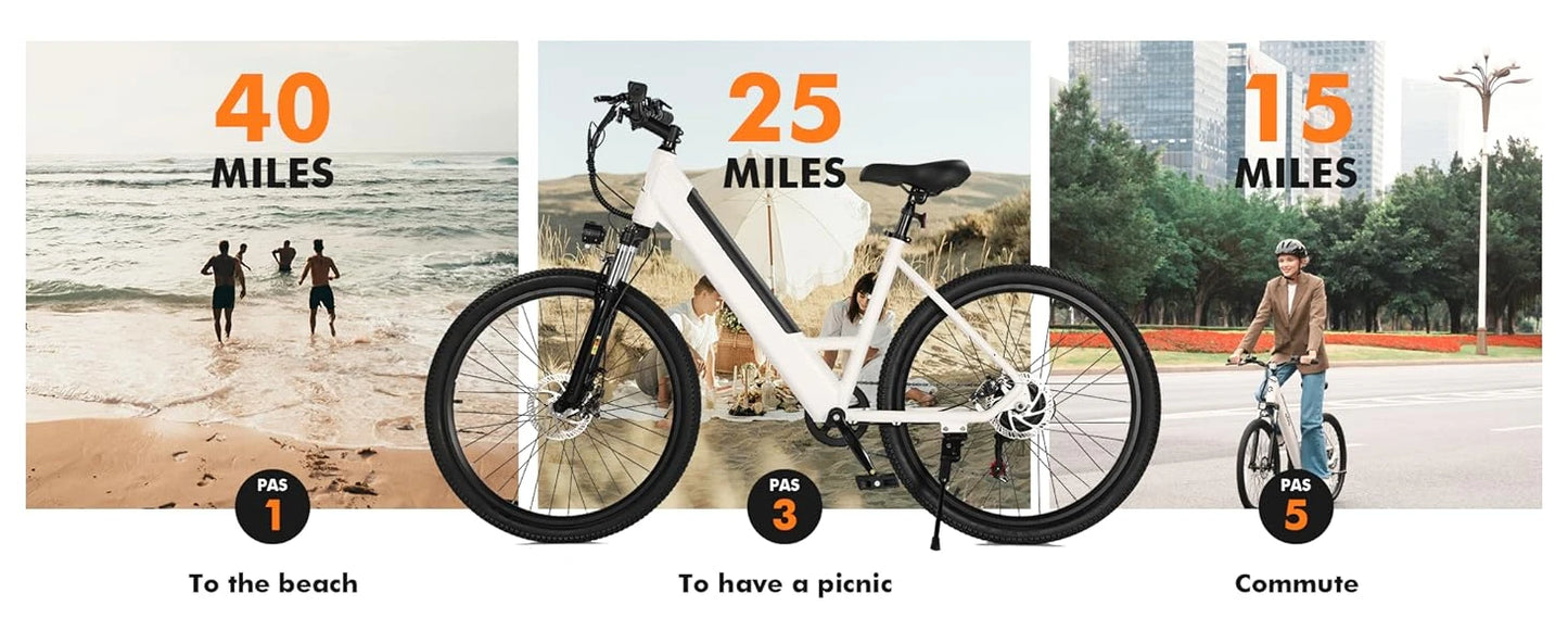 Electric Bike for Adults 26" Step-Through Ebike with 2.1" Tire,Peak 750W Motor Ebikes with 7 Speed Commuter E Bicycle