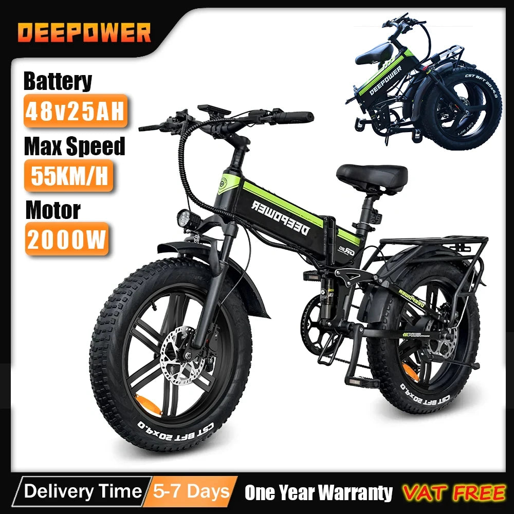 DEEPOWER 2000W Adults Electric Bike Bicycle 48V 25AH 20 Inch Fat Tire Folding Electric E Bikes Mountain Oil Brake 2000W Ebike